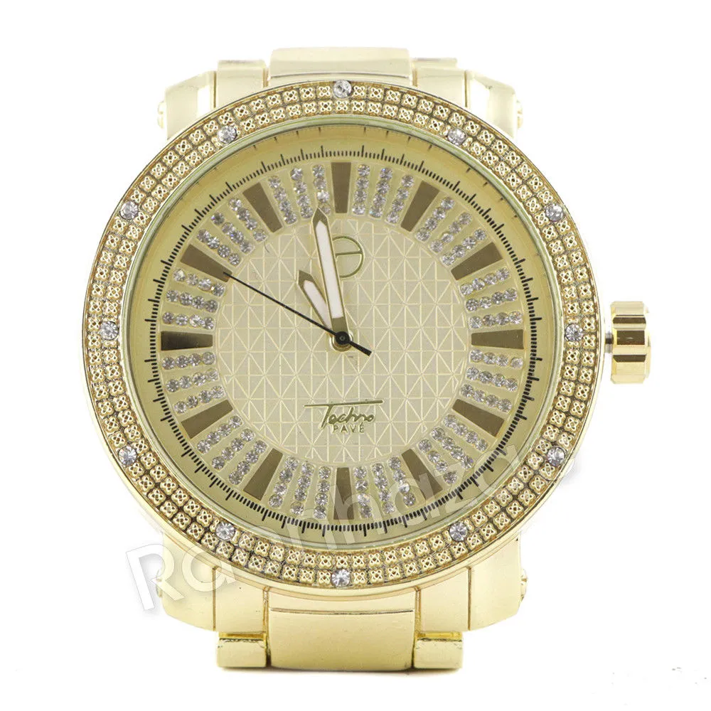 Men 14K Gold PT Big Face Watch Ruby Cuban Chain Bling Bracelet Set F64G