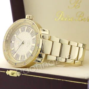 Men 14K Gold PT Big Face Watch Ruby Cuban Chain Bling Bracelet Set F64G