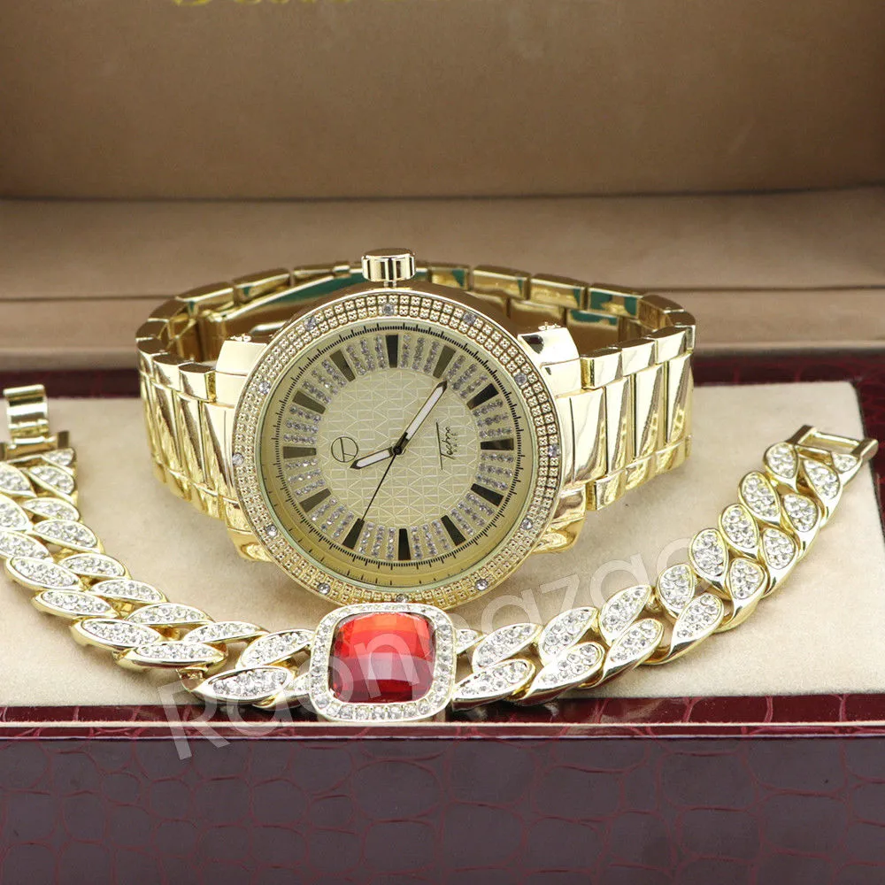 Men 14K Gold PT Big Face Watch Ruby Cuban Chain Bling Bracelet Set F64G