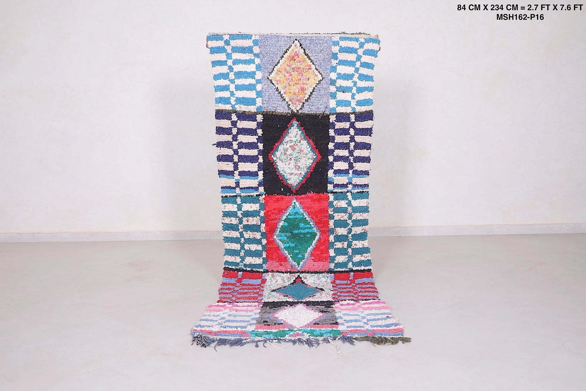 Moroccan Boucherouite Rug - Handwoven Geometric Design | 2.7 x 7.6 Ft