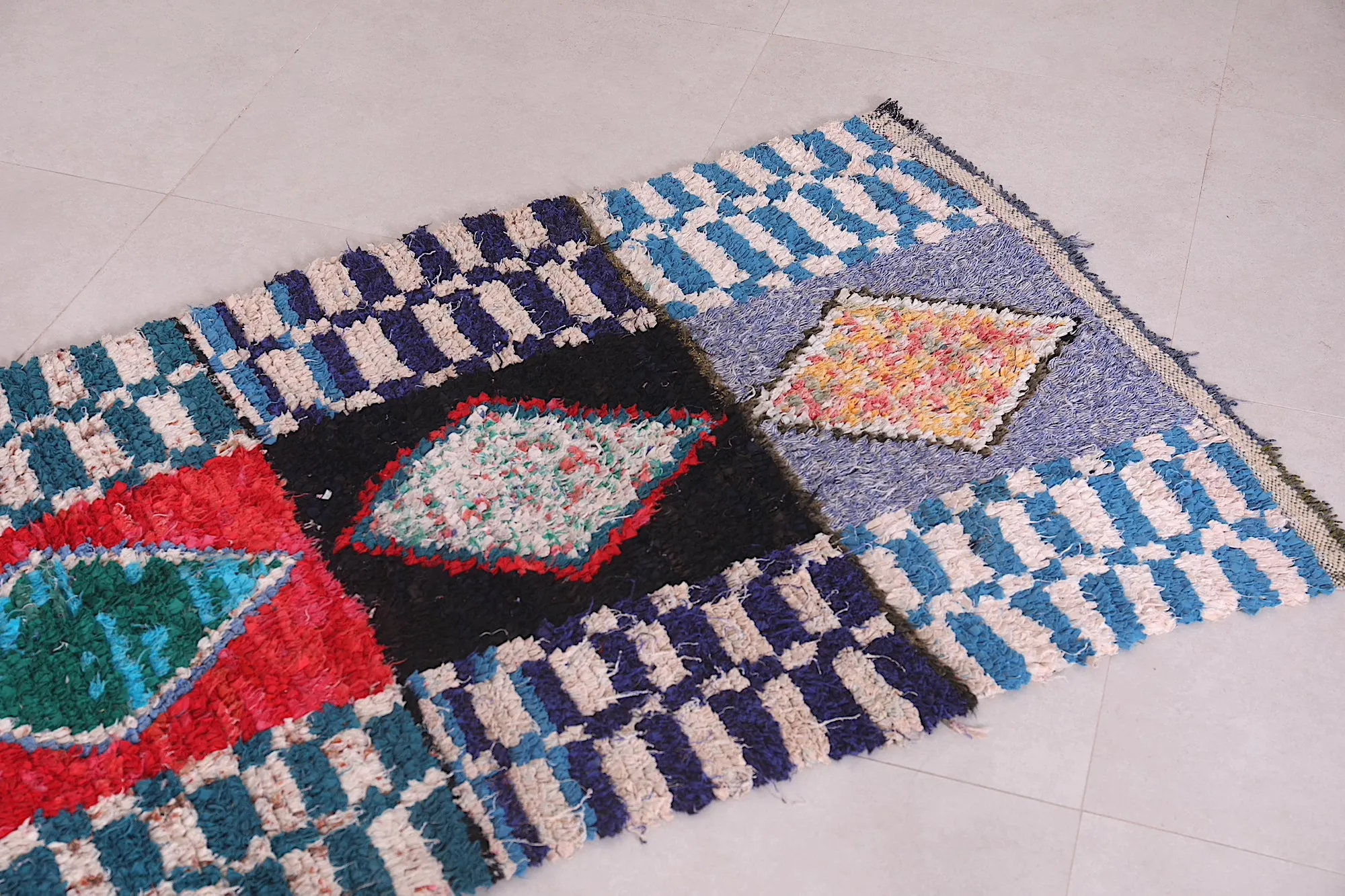Moroccan Boucherouite Rug - Handwoven Geometric Design | 2.7 x 7.6 Ft
