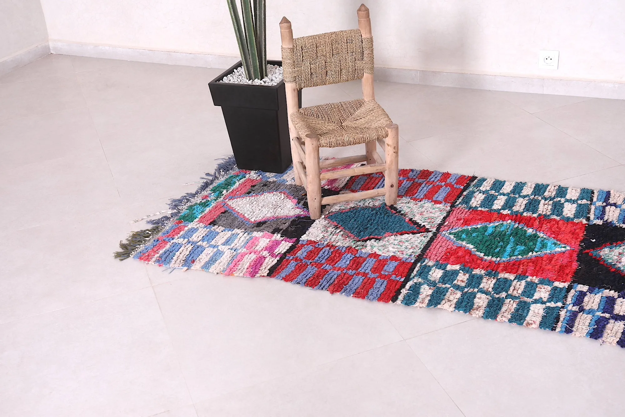 Moroccan Boucherouite Rug - Handwoven Geometric Design | 2.7 x 7.6 Ft