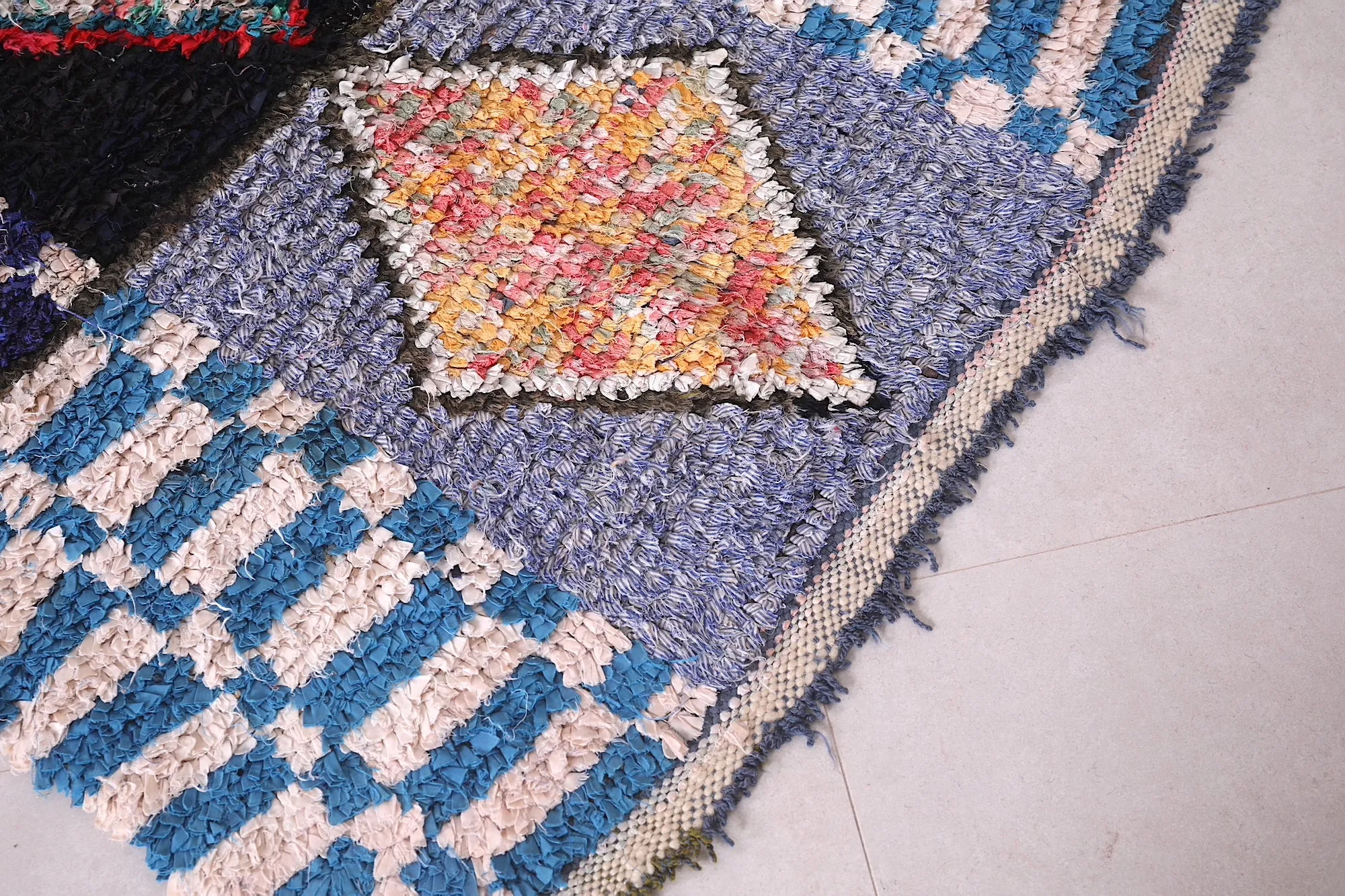 Moroccan Boucherouite Rug - Handwoven Geometric Design | 2.7 x 7.6 Ft