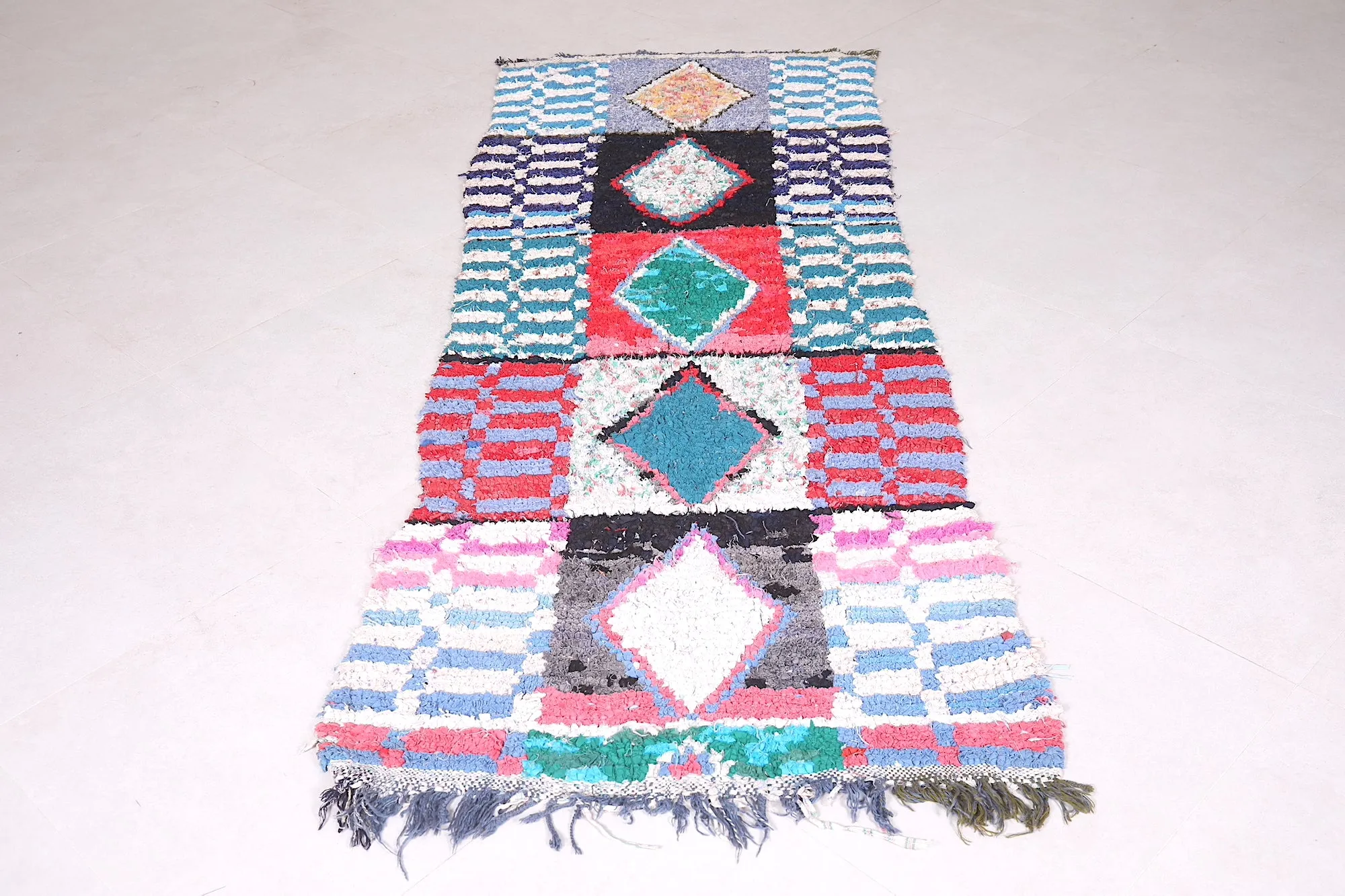 Moroccan Boucherouite Rug - Handwoven Geometric Design | 2.7 x 7.6 Ft