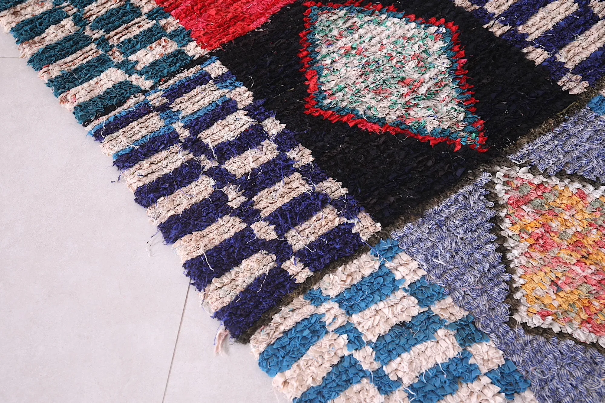 Moroccan Boucherouite Rug - Handwoven Geometric Design | 2.7 x 7.6 Ft