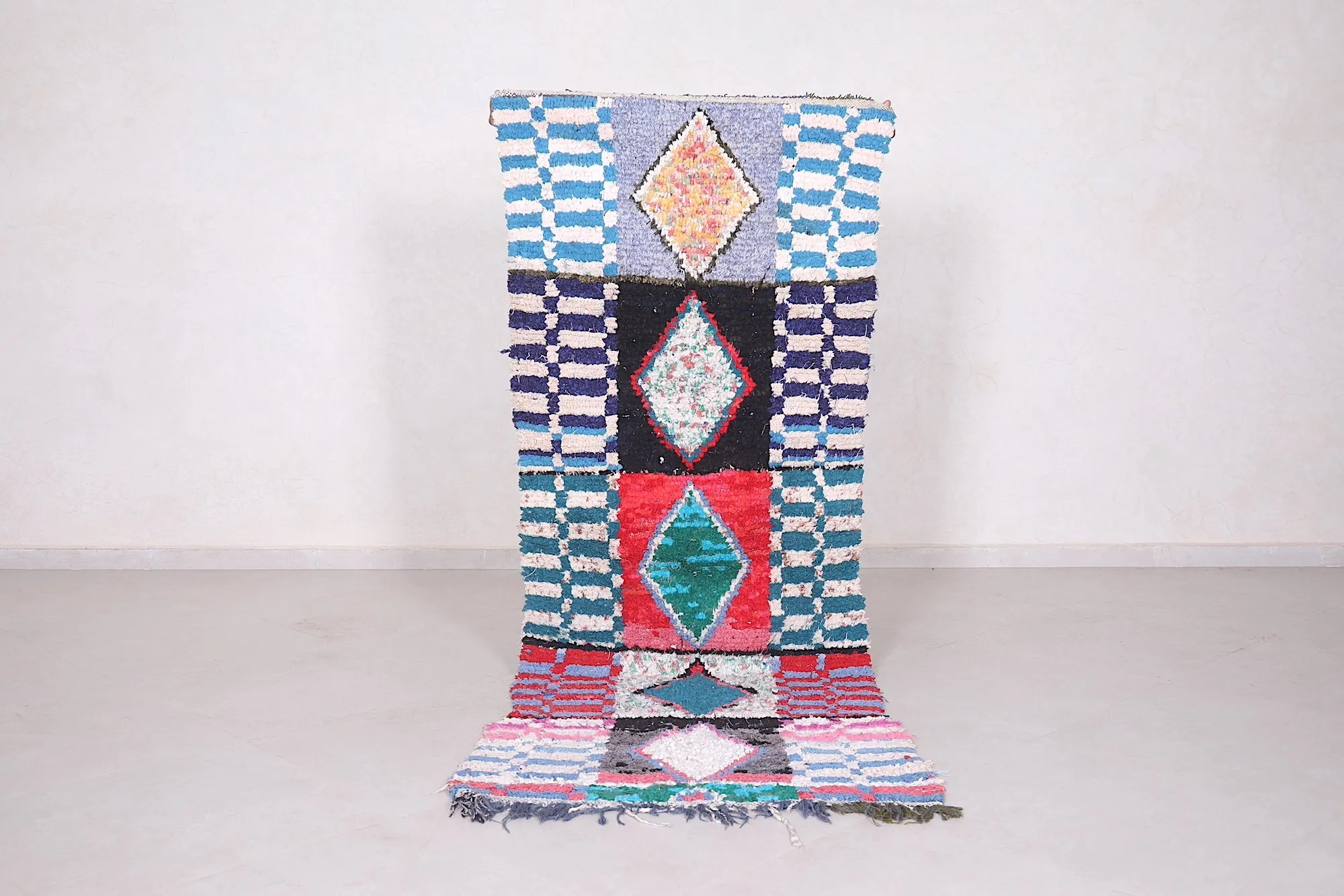 Moroccan Boucherouite Rug - Handwoven Geometric Design | 2.7 x 7.6 Ft