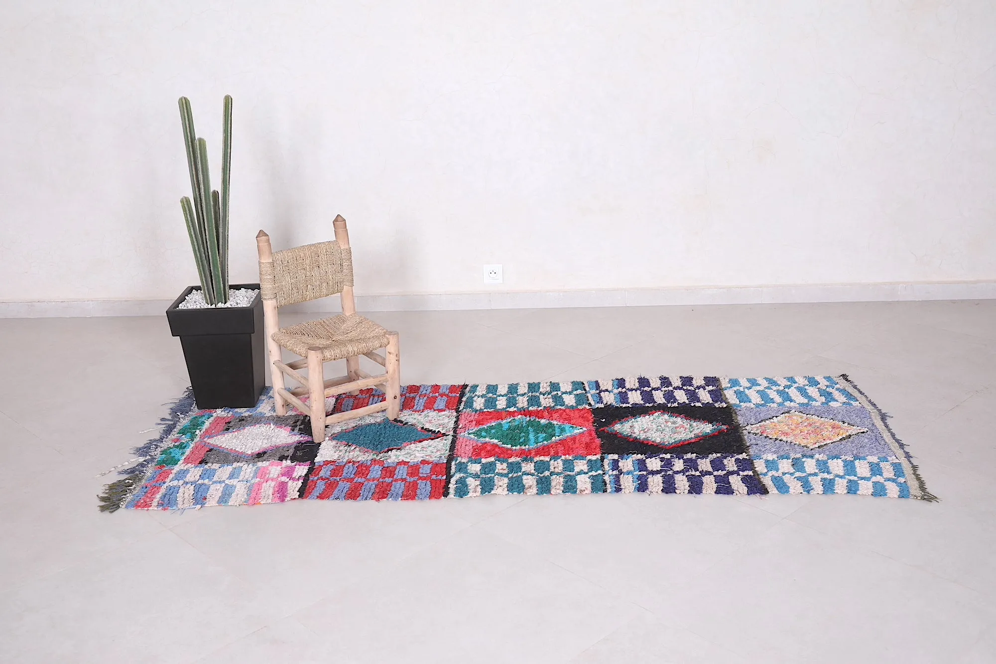 Moroccan Boucherouite Rug - Handwoven Geometric Design | 2.7 x 7.6 Ft