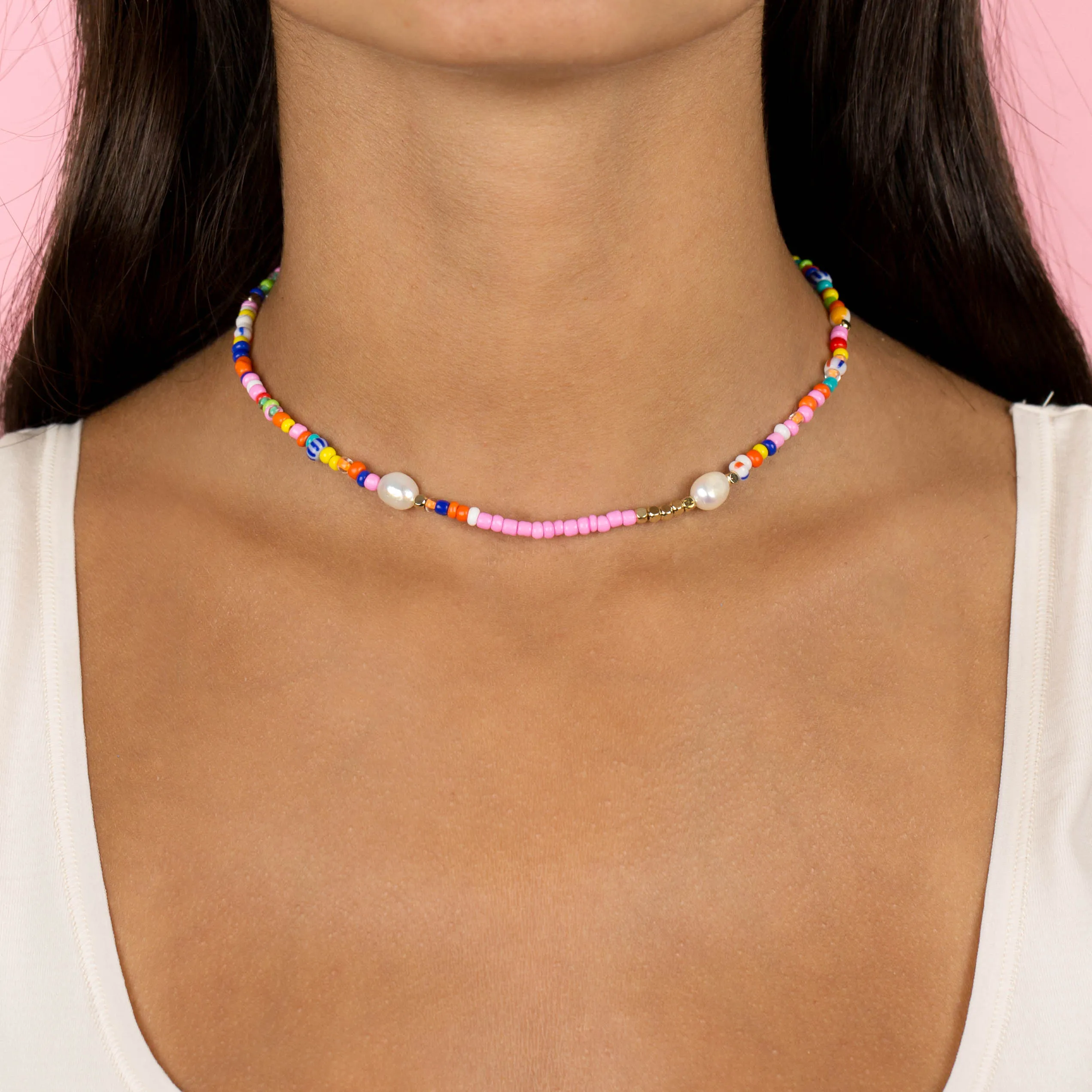 Multi Color Beaded X Pearl Choker