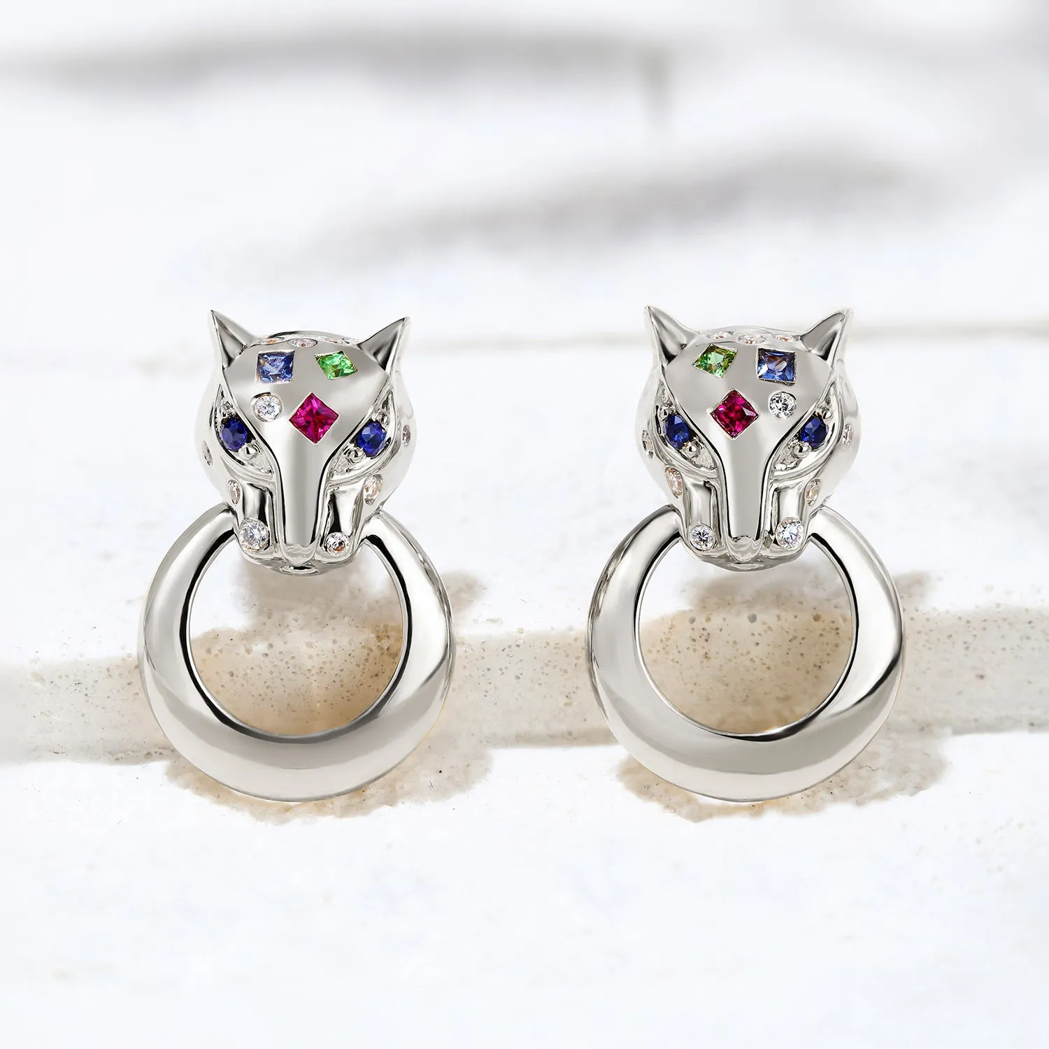 Multi-Gems and Diamond Panther Stud Earrings