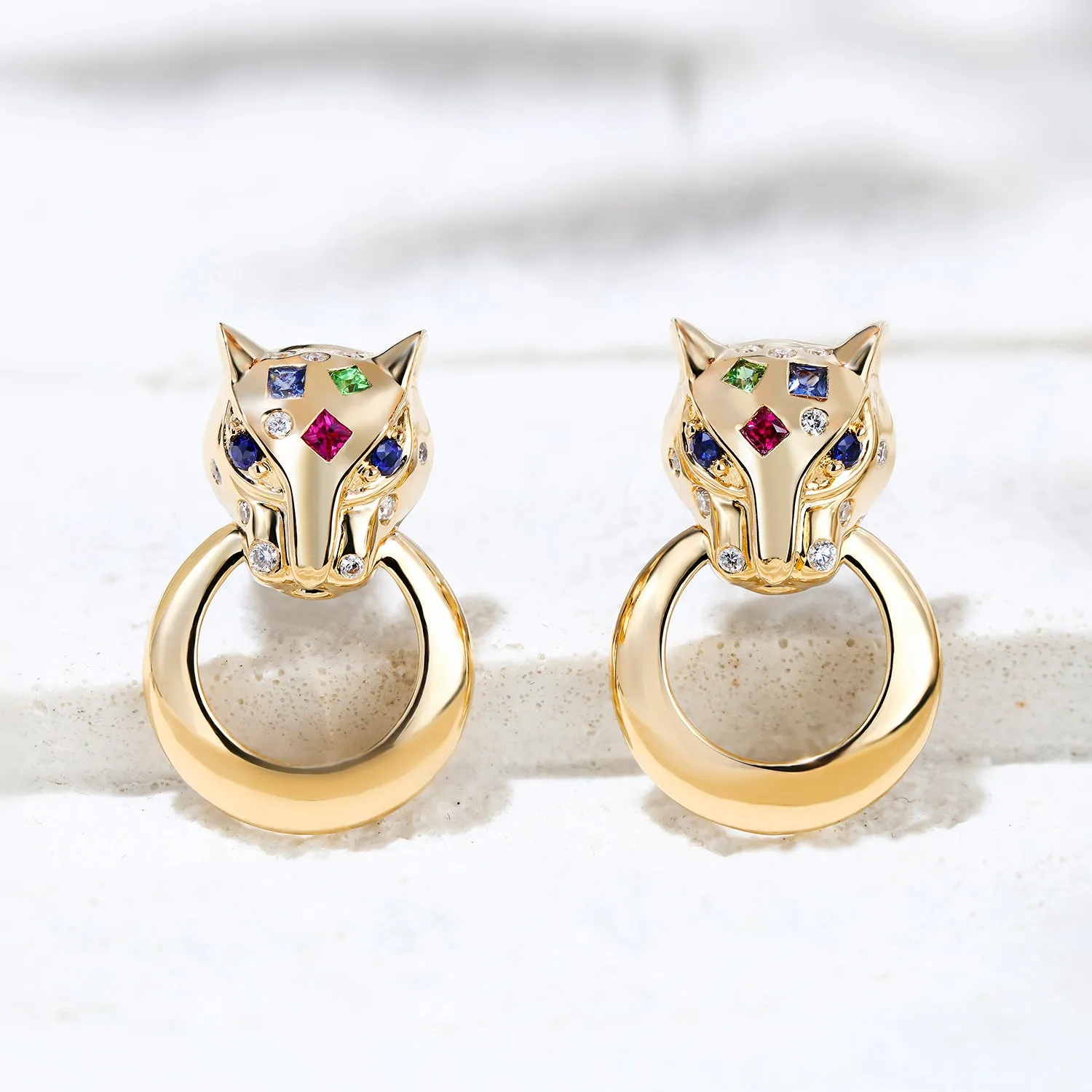 Multi-Gems and Diamond Panther Stud Earrings