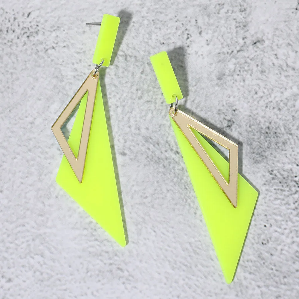 Neon Yellow Acrylic Geometric Fun Fashion Dangle Earrings |  653801
