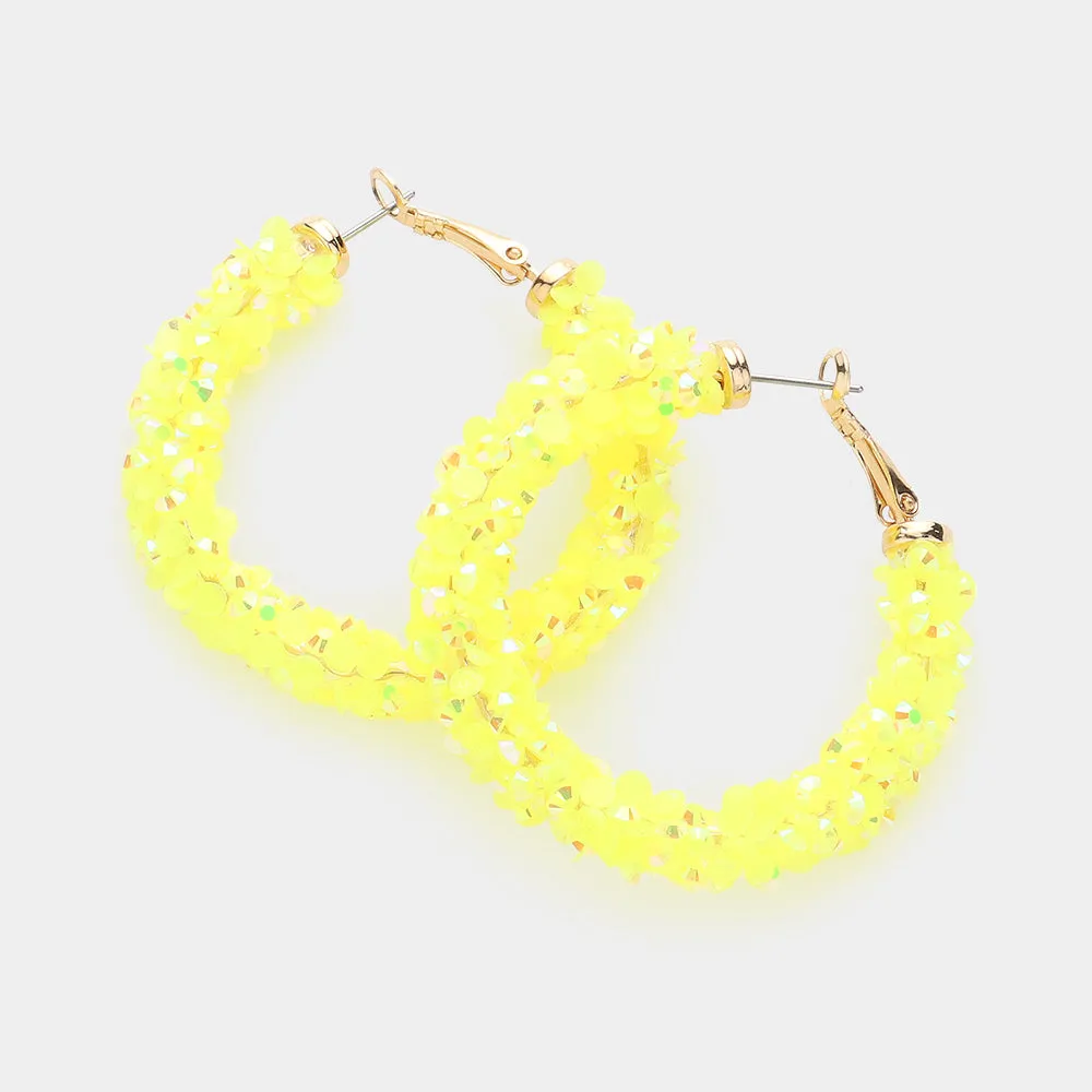 Neon Yellow Beaded Fun Fashion Hoop Earrings | 1.8" |  634433