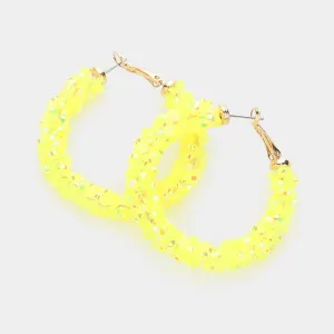 Neon Yellow Beaded Fun Fashion Hoop Earrings | 1.8" |  634433