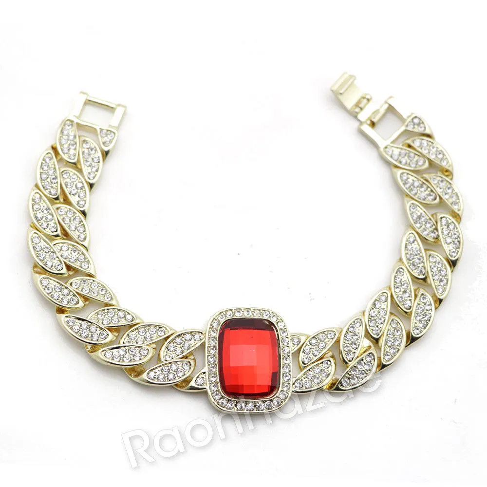 New 14K Gold Digital Smart Watch Mash Band Ruby Cuban Bracelet Set 60G