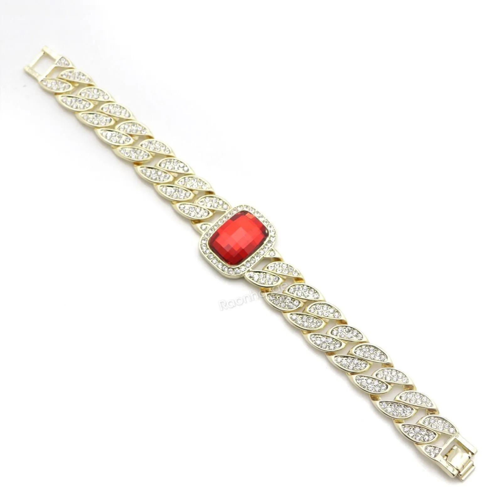 New 14K Gold Digital Smart Watch Mash Band Ruby Cuban Bracelet Set 60G