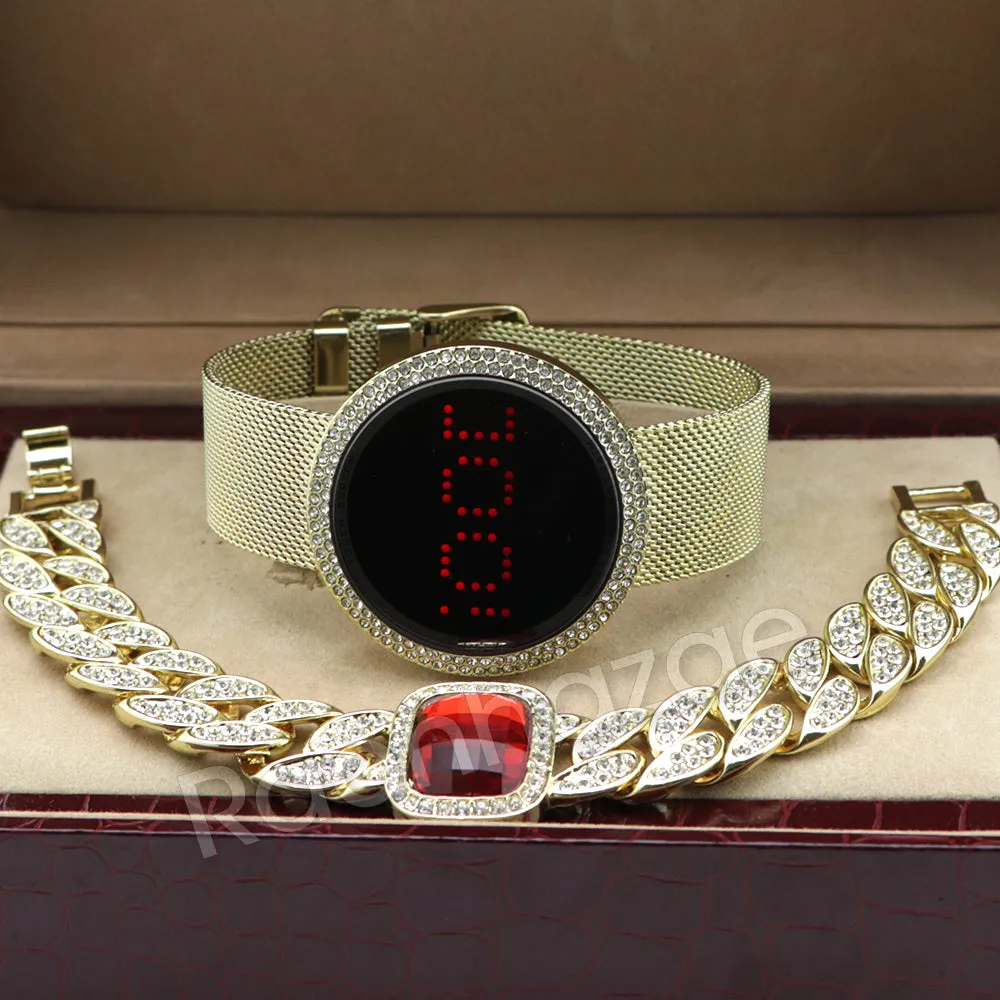 New 14K Gold Digital Smart Watch Mash Band Ruby Cuban Bracelet Set 60G