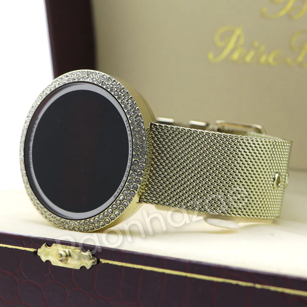 New 14K Gold Digital Smart Watch Mash Band Ruby Cuban Bracelet Set 60G