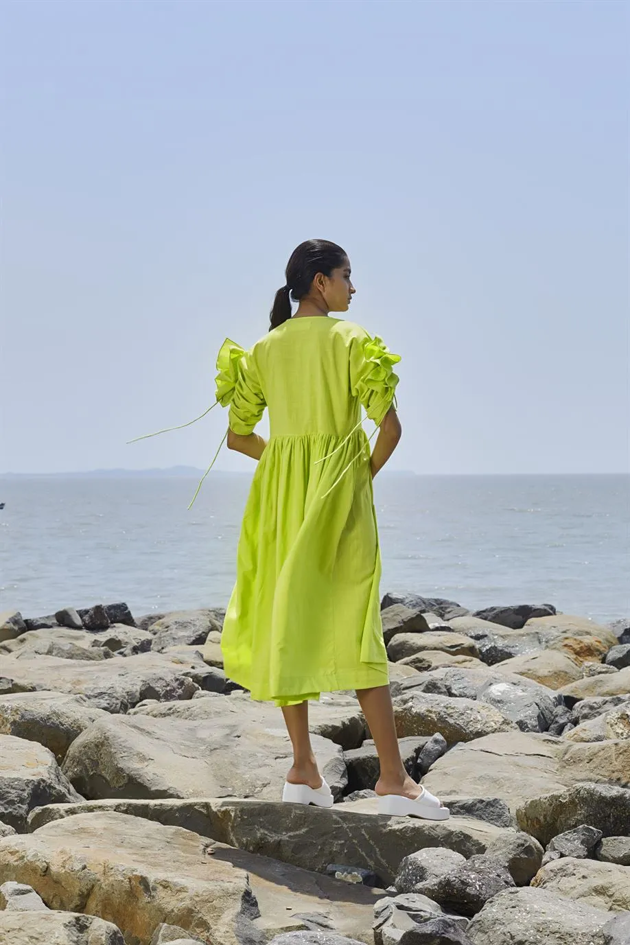 New Season Summer/Fall 24-Dress Green Ruffle Sleeve Cotton Neon-MTRUFFSLDR-Neon Green-Fashion Edit Mati