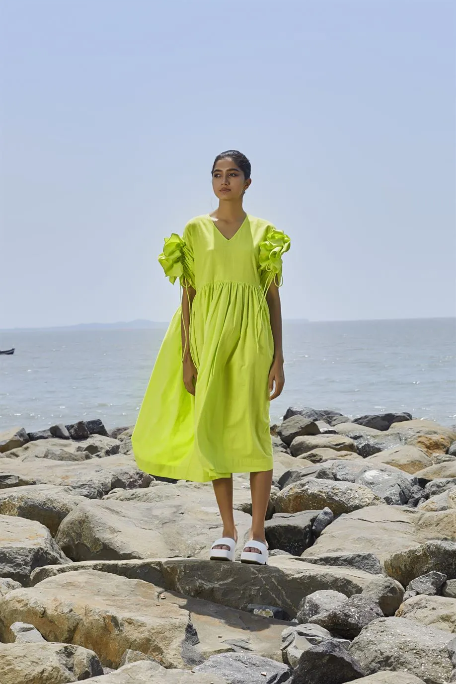 New Season Summer/Fall 24-Dress Green Ruffle Sleeve Cotton Neon-MTRUFFSLDR-Neon Green-Fashion Edit Mati