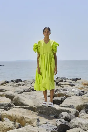 New Season Summer/Fall 24-Dress Green Ruffle Sleeve Cotton Neon-MTRUFFSLDR-Neon Green-Fashion Edit Mati