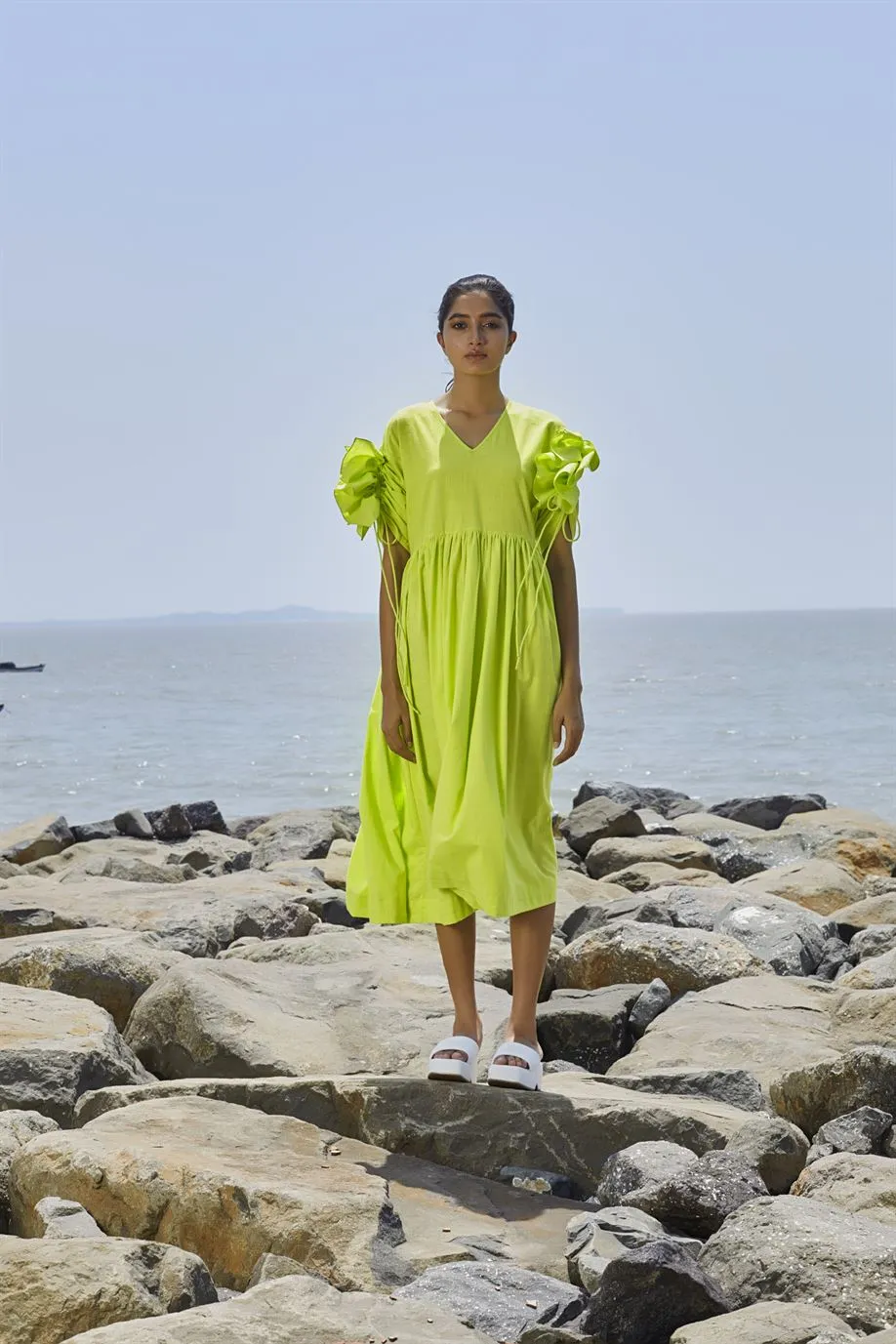 New Season Summer/Fall 24-Dress Green Ruffle Sleeve Cotton Neon-MTRUFFSLDR-Neon Green-Fashion Edit Mati