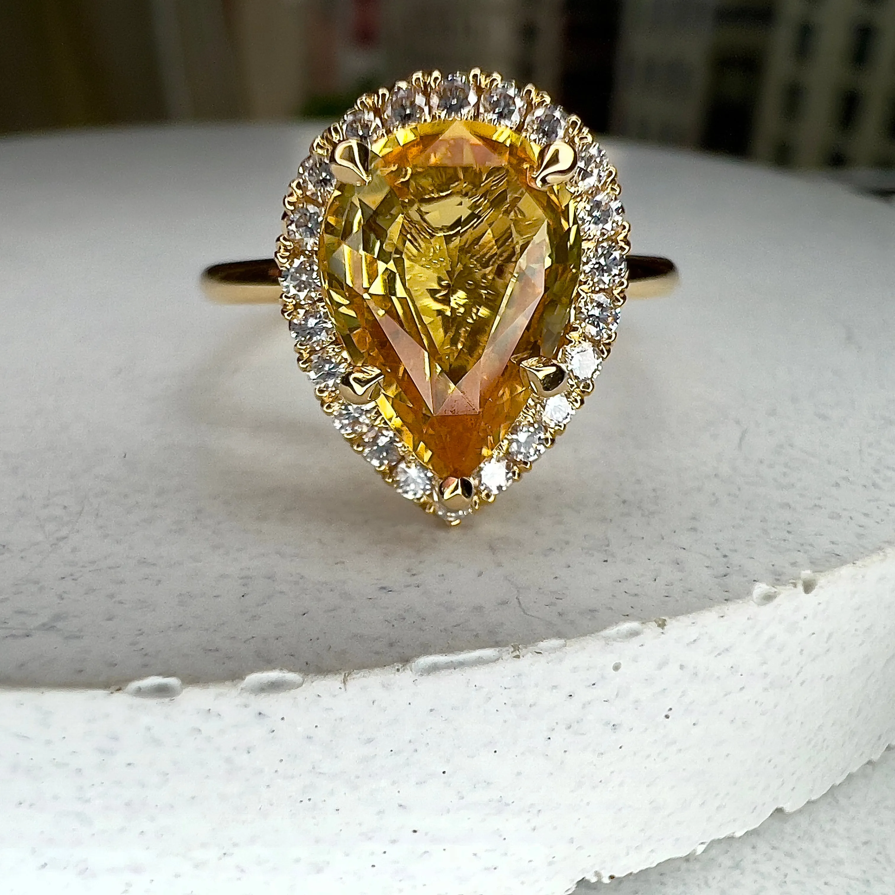 Nola 2.64ct Natural Yellow Pear Shaped Sapphire Engagement Ring with Diamond Halo