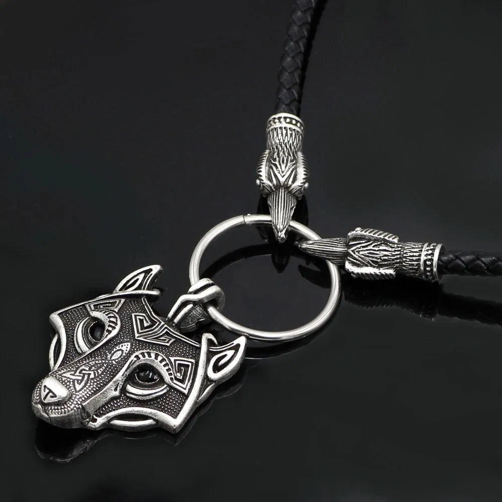 Norse Viking Leather Cord Odin's  Ravens Of Thor's Wolf Necklace NLID003