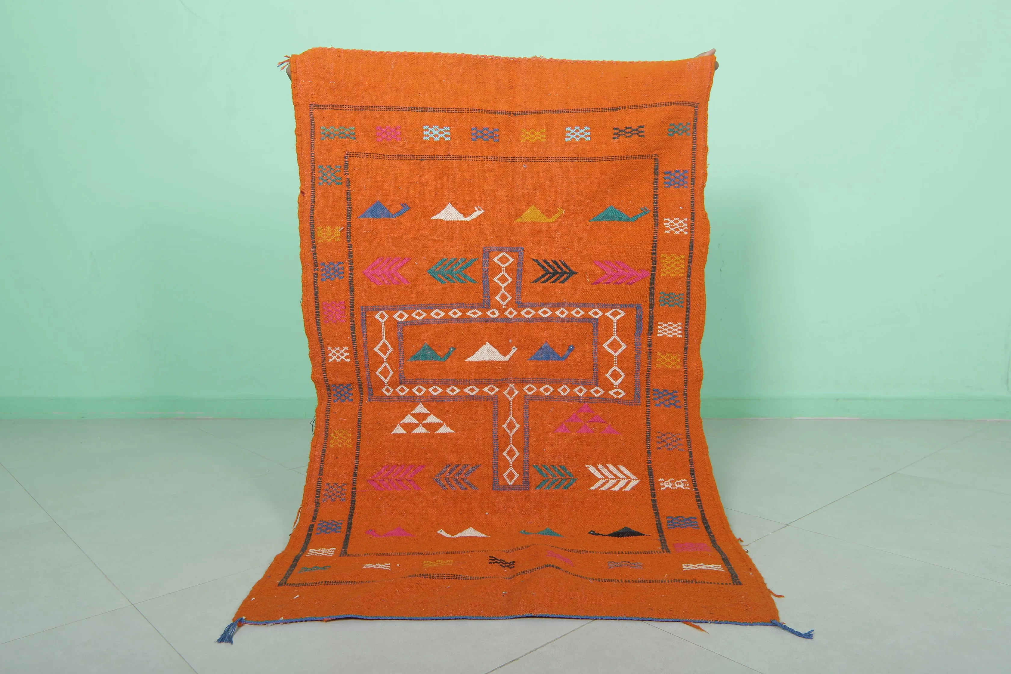 Orange Moroccan Kilim Rug - 3 FT × 4.8 FT | Handwoven Artisan Rug