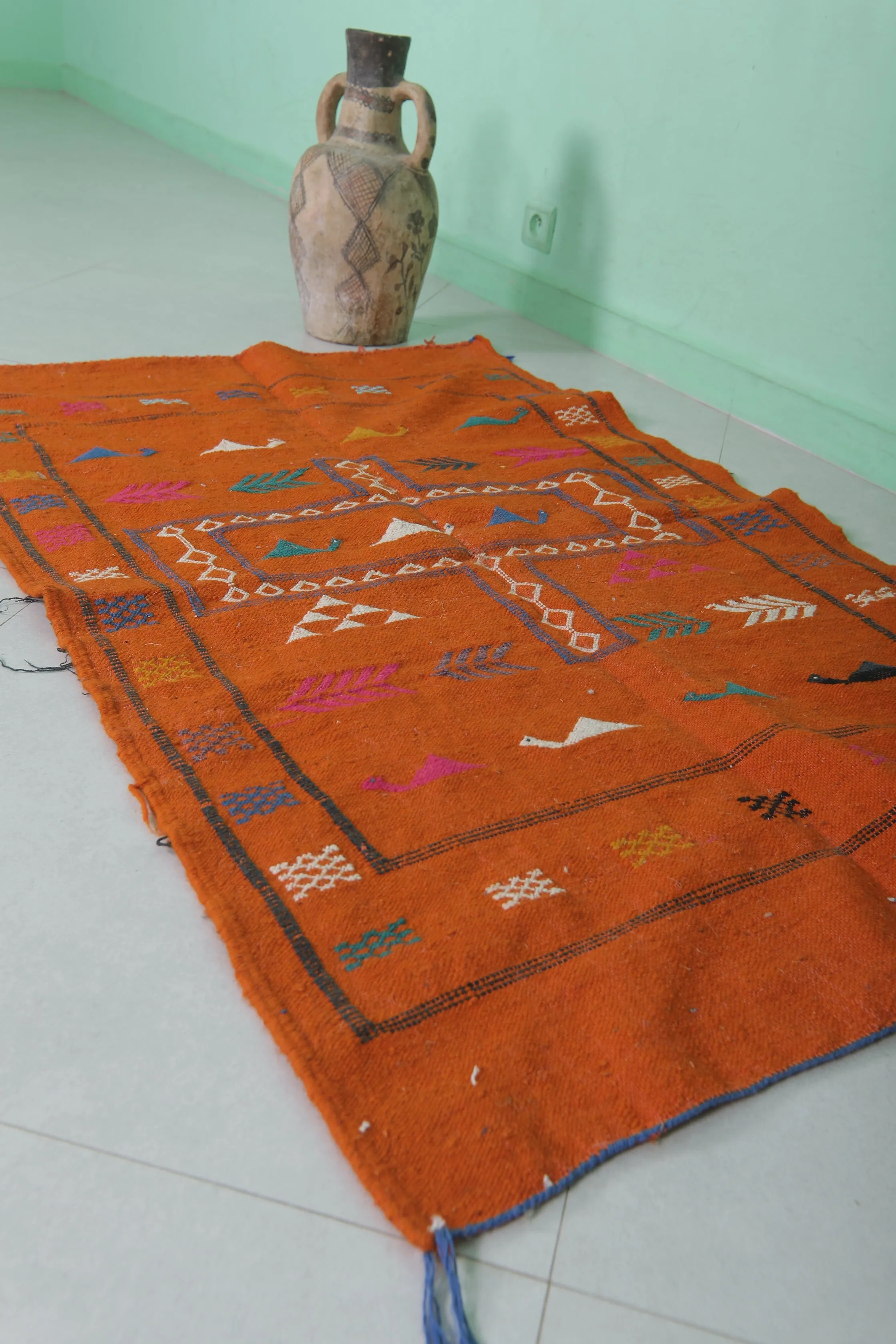 Orange Moroccan Kilim Rug - 3 FT × 4.8 FT | Handwoven Artisan Rug