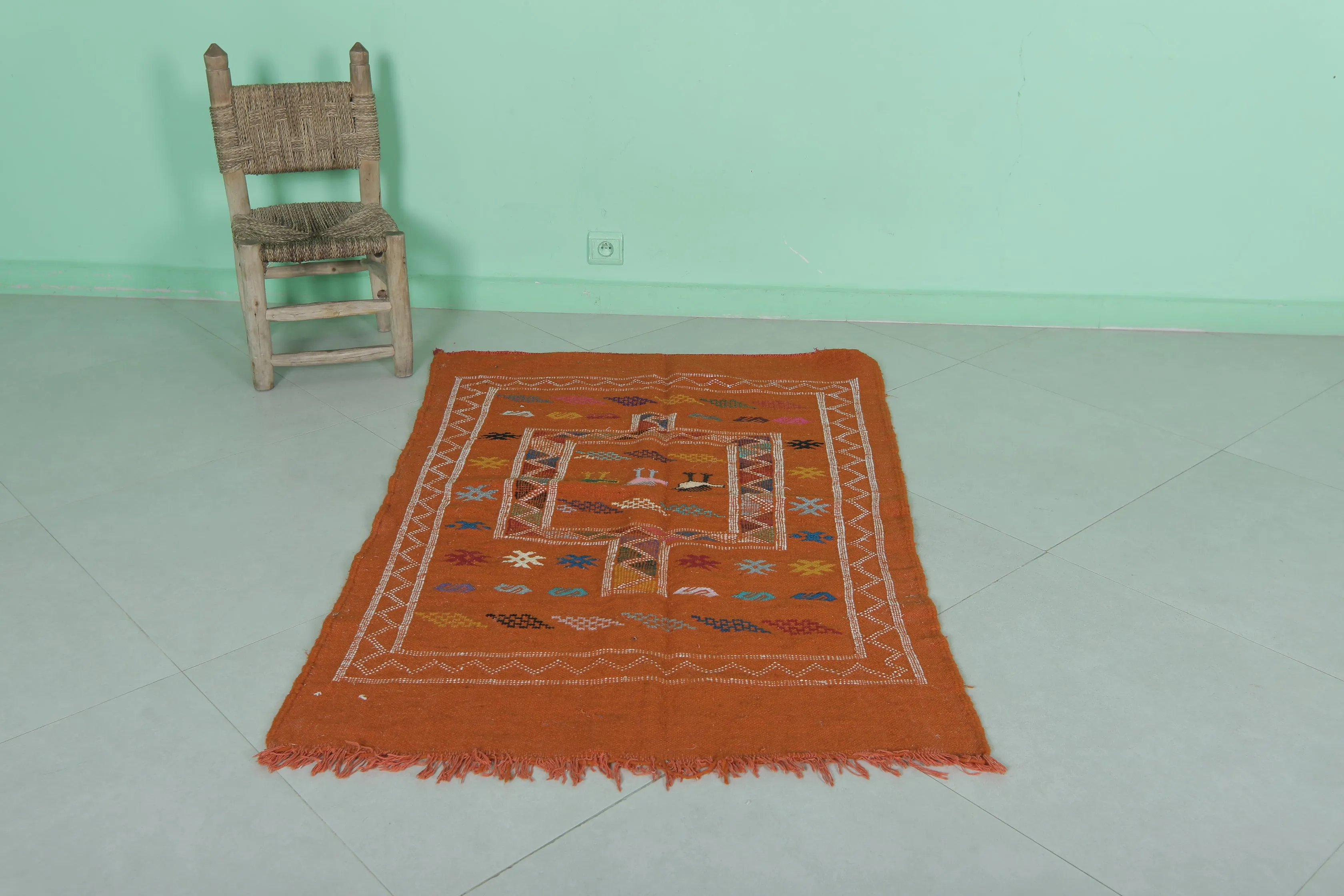 Orange Moroccan Kilim Rug - 3 FT X 4.6 FT - Handwoven Wool