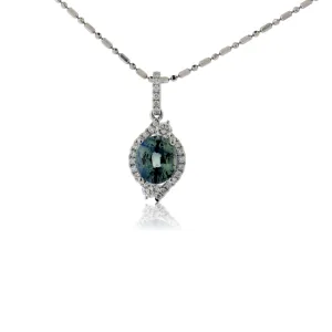 Oval Peacock Sapphire and Diamond Halo Pendant