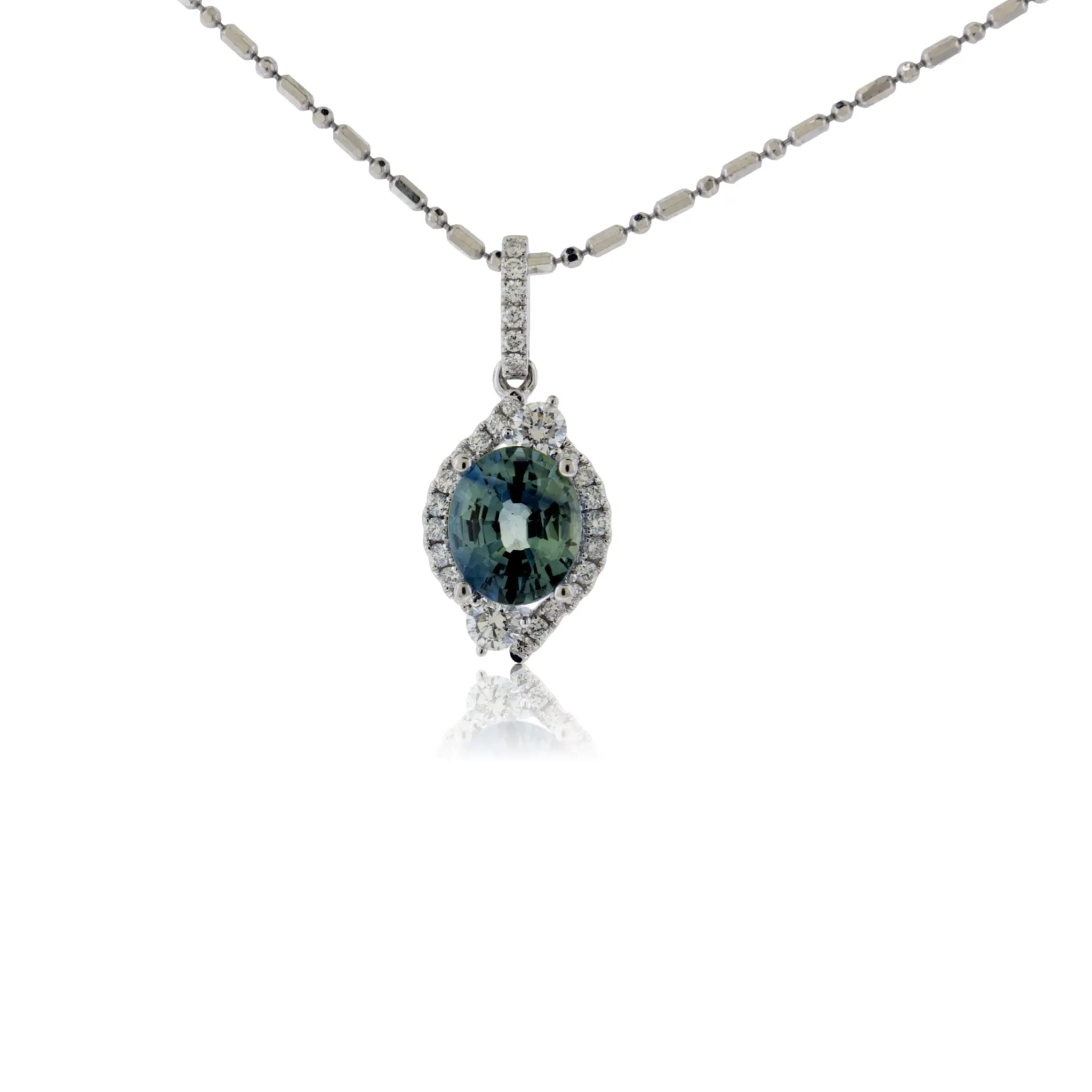Oval Peacock Sapphire and Diamond Halo Pendant