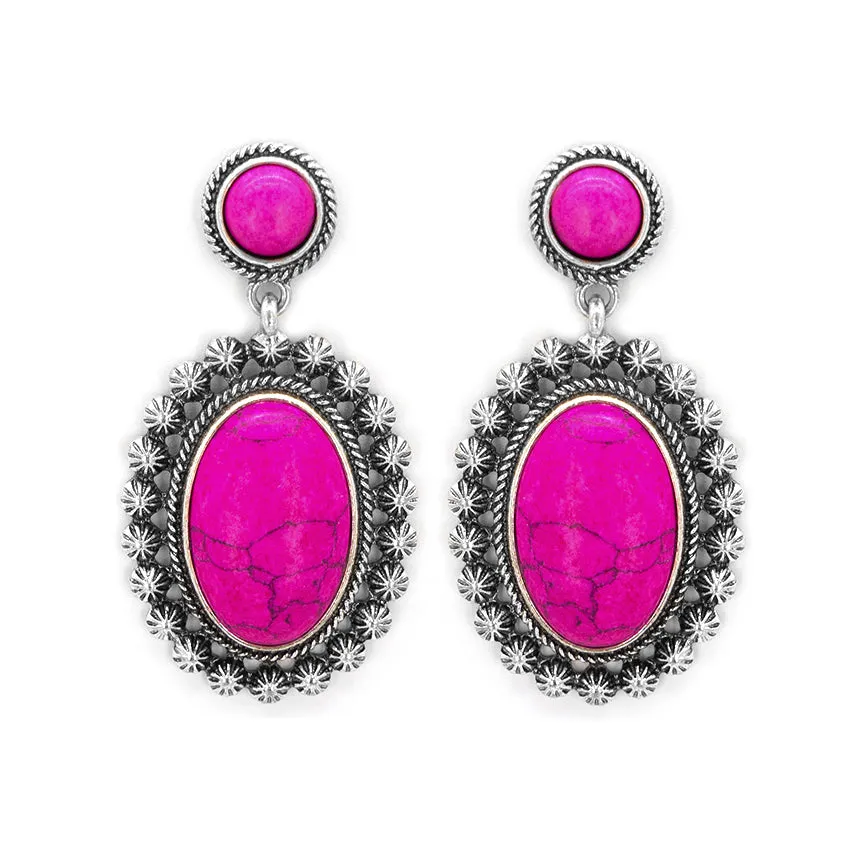 Oval Stone Post Drop Earrings