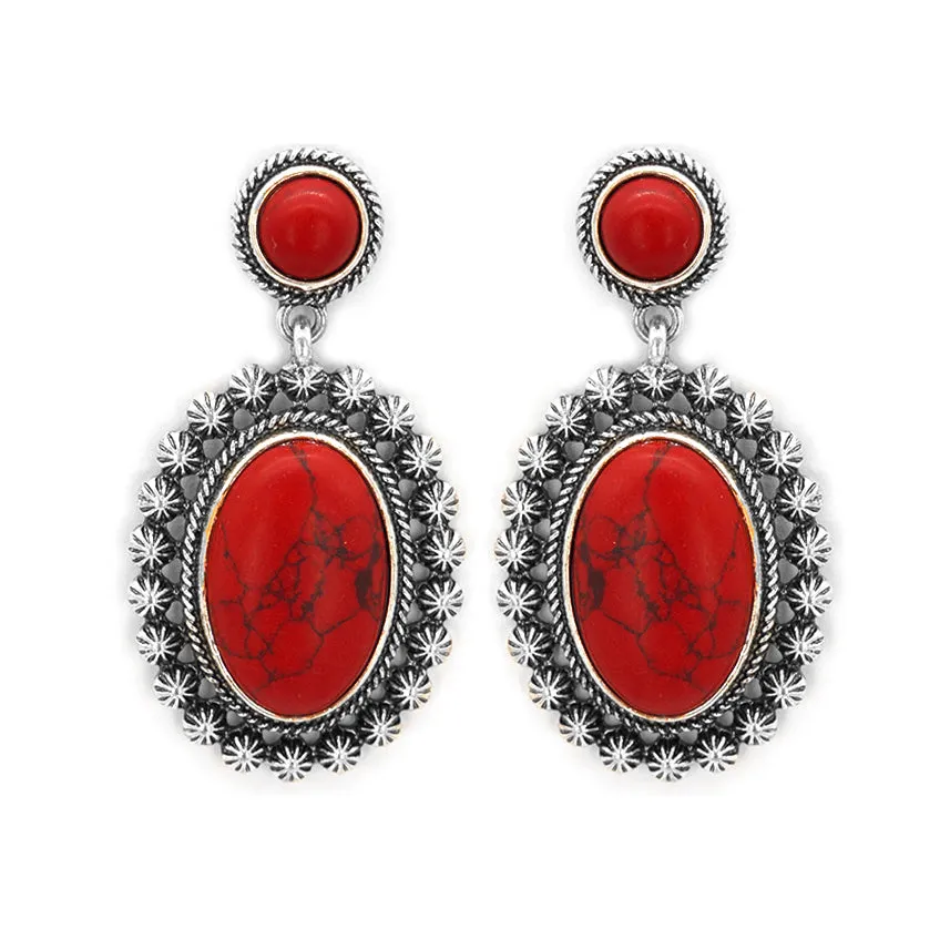 Oval Stone Post Drop Earrings