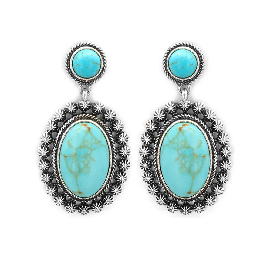 Oval Stone Post Drop Earrings