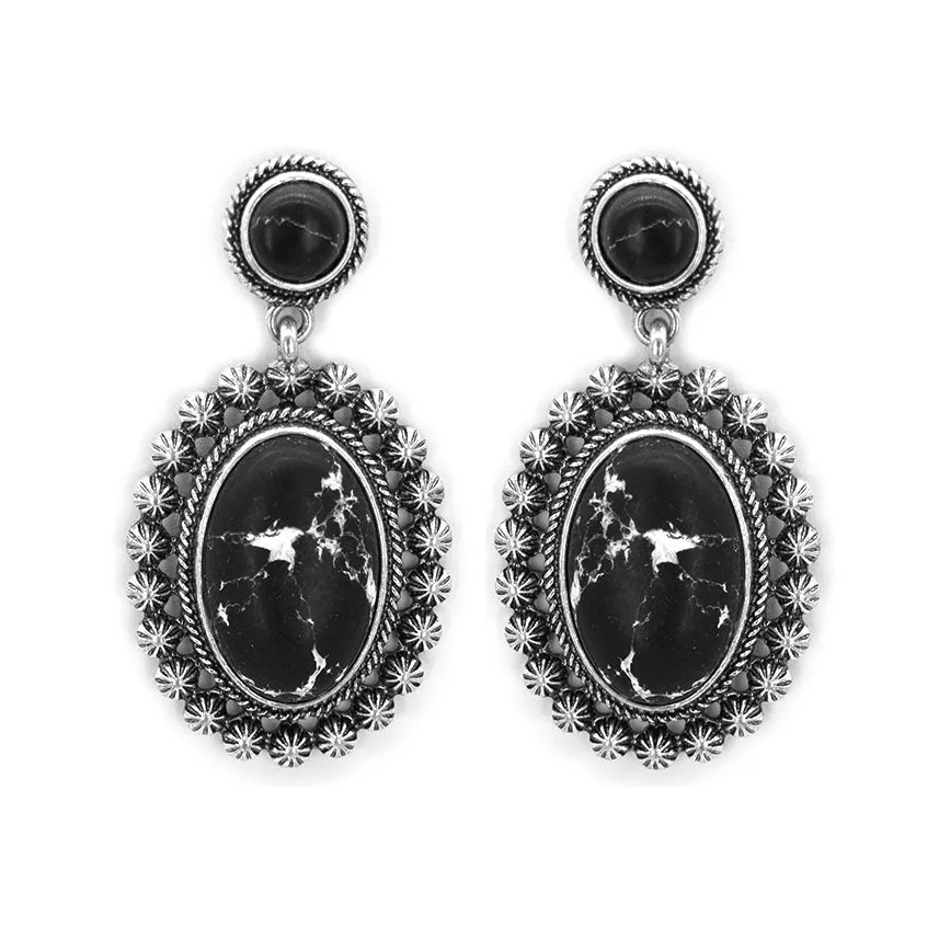 Oval Stone Post Drop Earrings