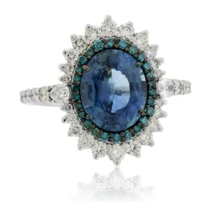 Peacock Blue-Green Sapphire & Blue Diamond Halo Ring