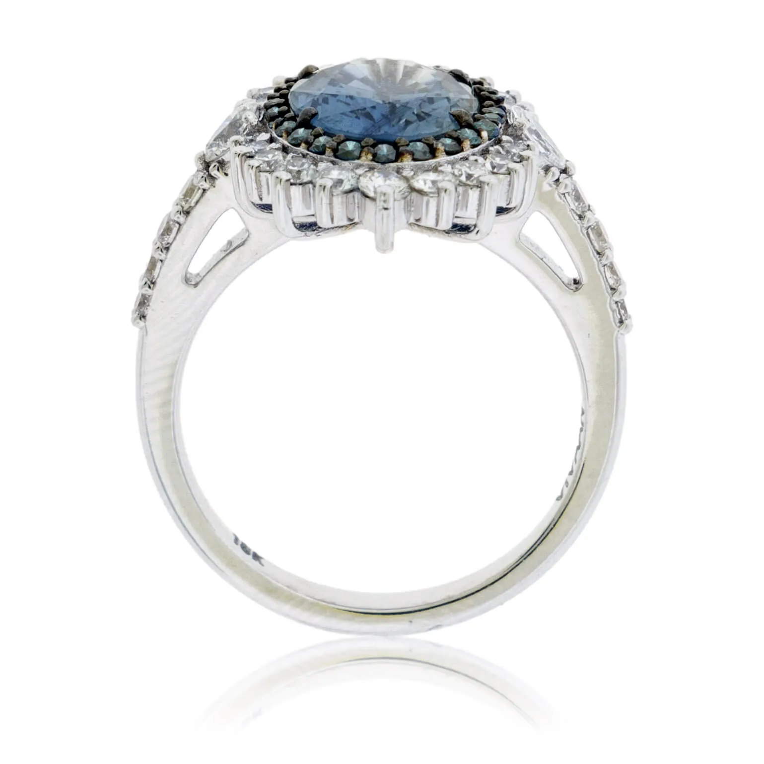 Peacock Blue-Green Sapphire & Blue Diamond Halo Ring