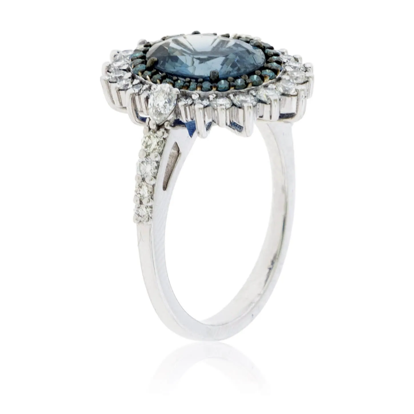 Peacock Blue-Green Sapphire & Blue Diamond Halo Ring