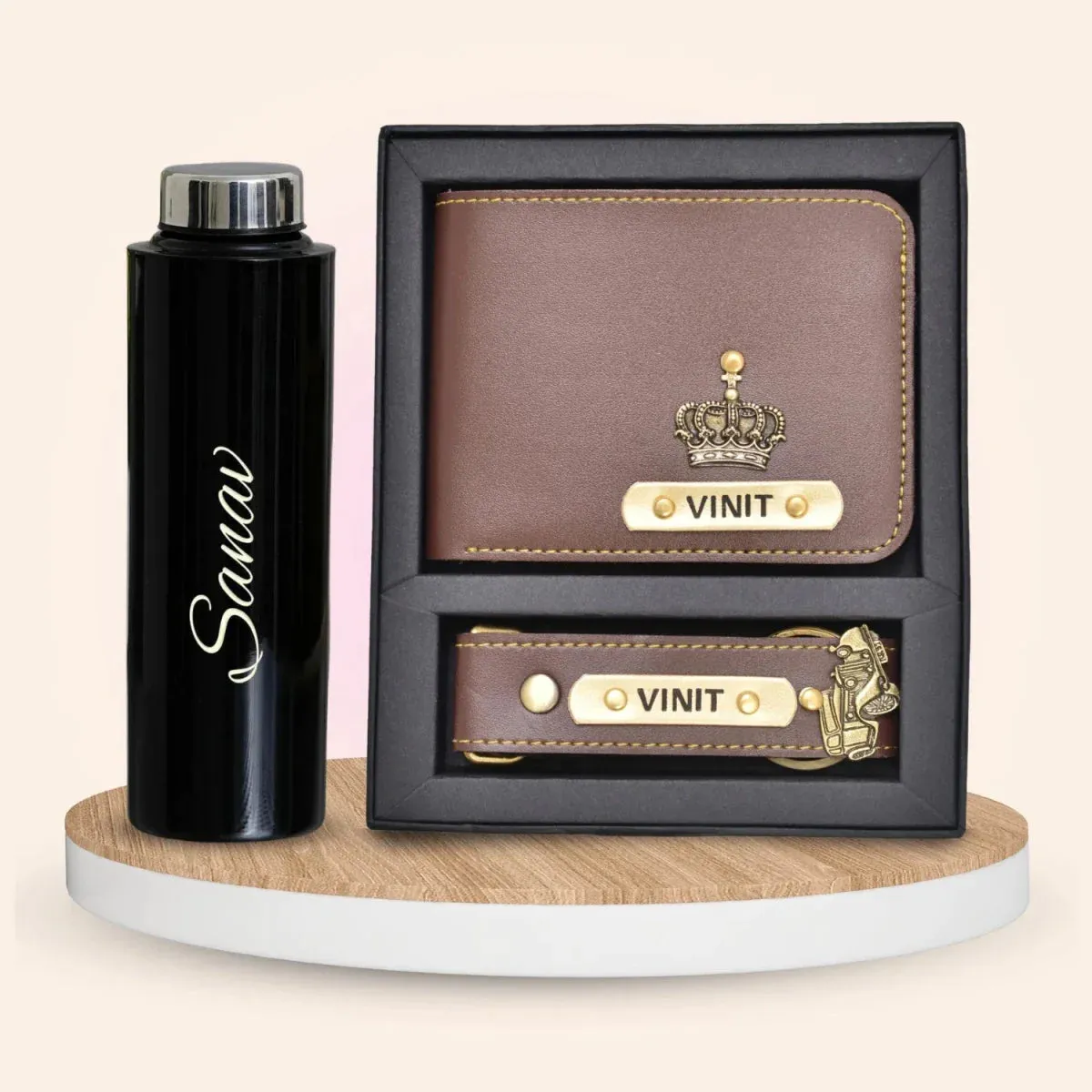 Personalised Black Classic Smart Bottle (1 Litre) & All in One Men's Combo (2 pcs) - Brown