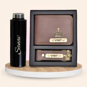Personalised Black Classic Smart Bottle (1 Litre) & All in One Men's Combo (2 pcs) - Brown