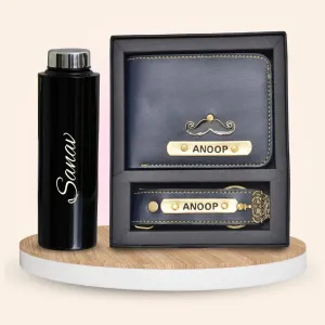Personalised Black Classic Smart Bottle (1 Litre) & All in One Men's Combo (2 pcs) - Royal Blue