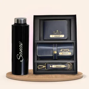 Personalised Black Classic Smart Bottle (1 Litre) & All in One Men's Combo (3 pcs) - Royal Blue