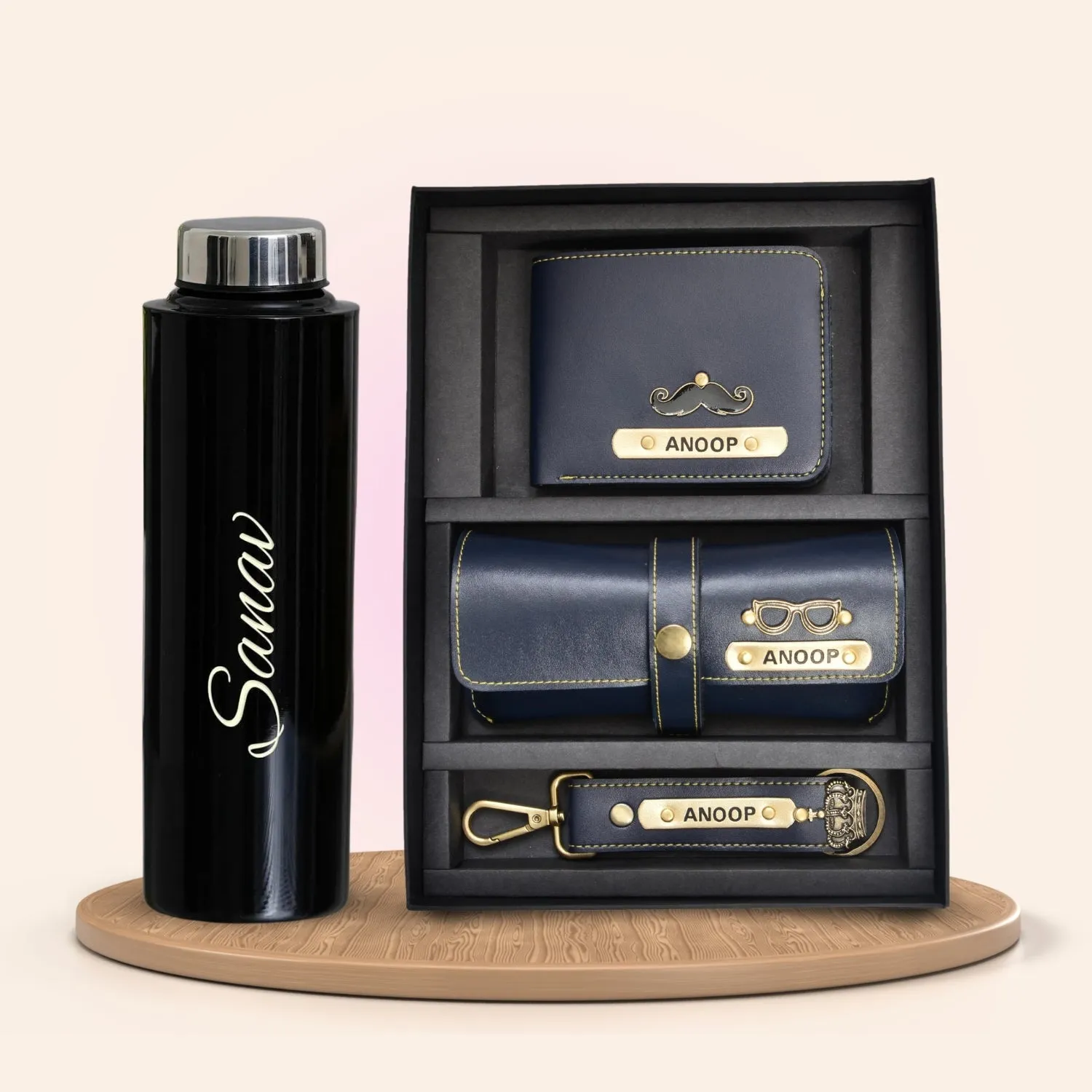 Personalised Black Classic Smart Bottle (1 Litre) & All in One Men's Combo (3 pcs) - Royal Blue