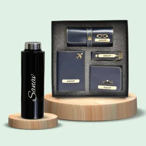 Personalised Black Classic Smart Bottle (1 Litre) & All in One Men's Combo (4 pcs) - Royal Blue