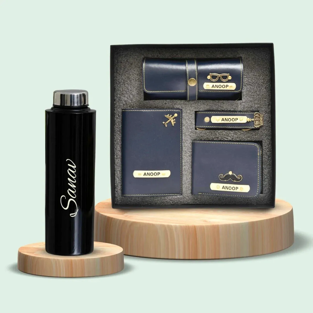 Personalised Black Classic Smart Bottle (1 Litre) & All in One Men's Combo (4 pcs) - Royal Blue