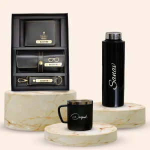 Personalised Black Classic Smart Bottle (1 Litre), Stainless Steel Mug & All in One Men's Combo (3 pcs) - Black