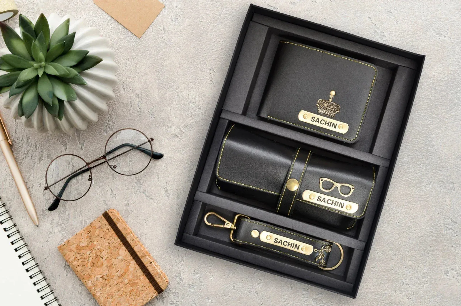 Personalised Black Classic Smart Bottle (1 Litre), Stainless Steel Mug & All in One Men's Combo (3 pcs) - Black