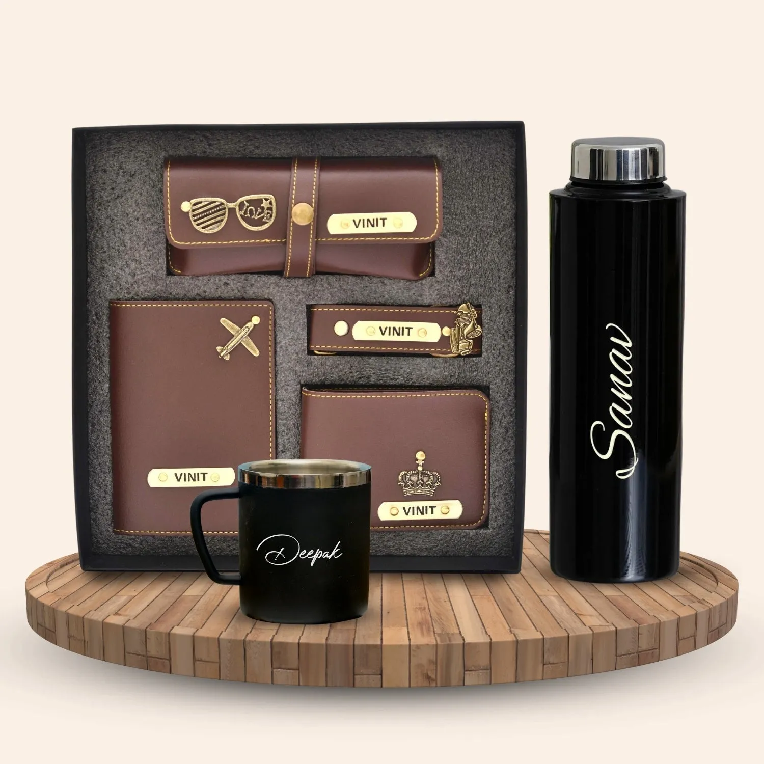Personalised Black Classic Smart Bottle (1 Litre), Stainless Steel Mug & All in One Men's Combo (4 pcs) - Brown