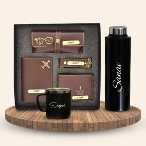 Personalised Black Classic Smart Bottle (1 Litre), Stainless Steel Mug & All in One Men's Combo (4 pcs) - Brown